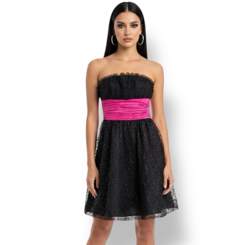 Y2K Betsey Johnson Black Sequin Dress Pink Sash Bow Size 2